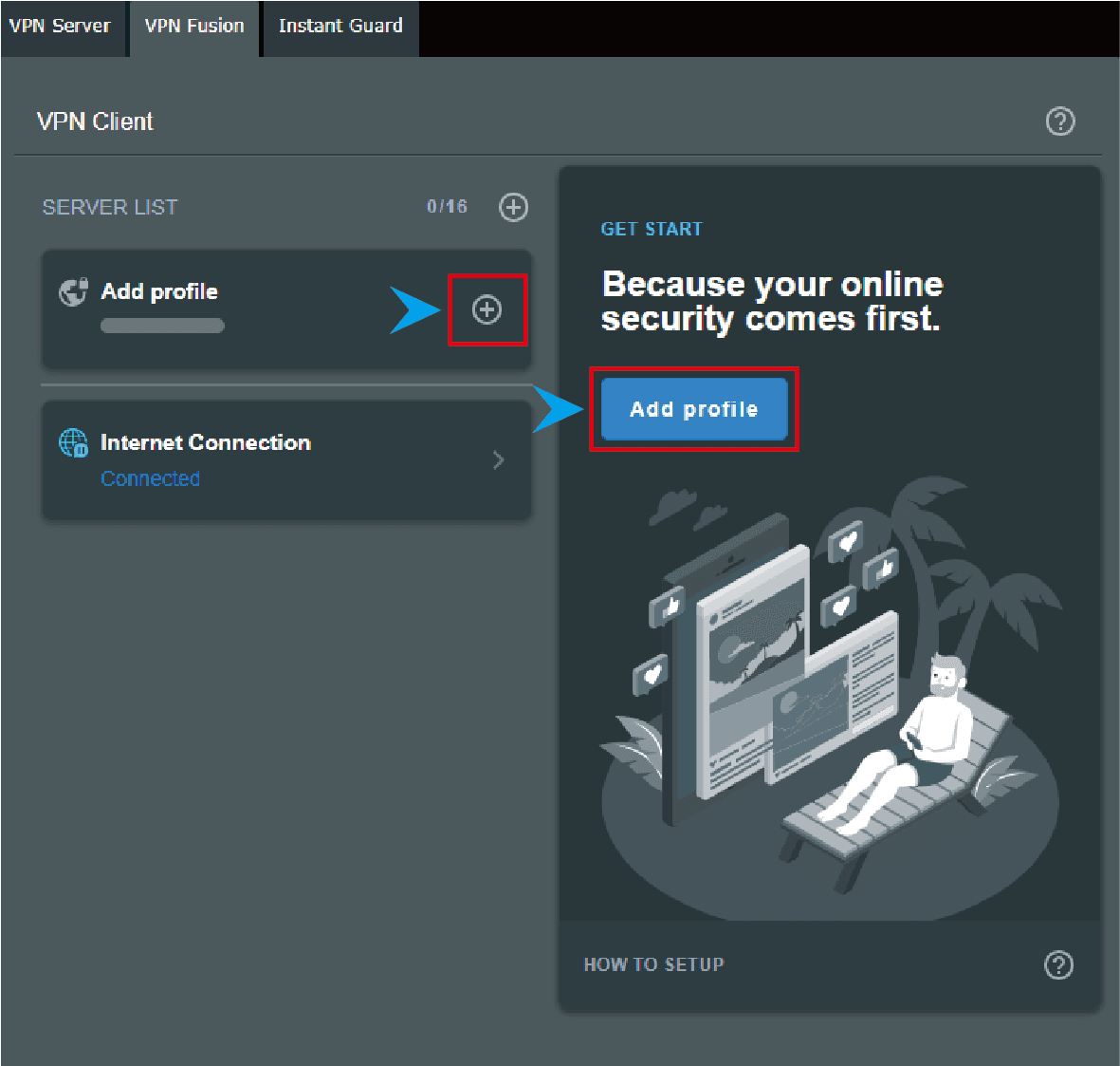 Кнопка Add profile в VPN Fusion на ASUS