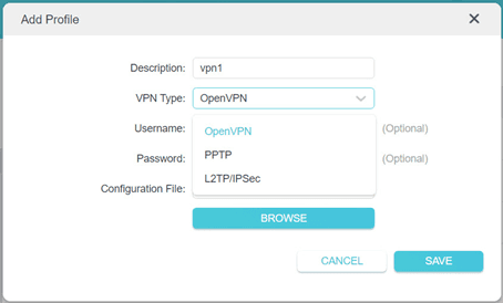 Выбор VPN Type при добавлении профиля TP-Link